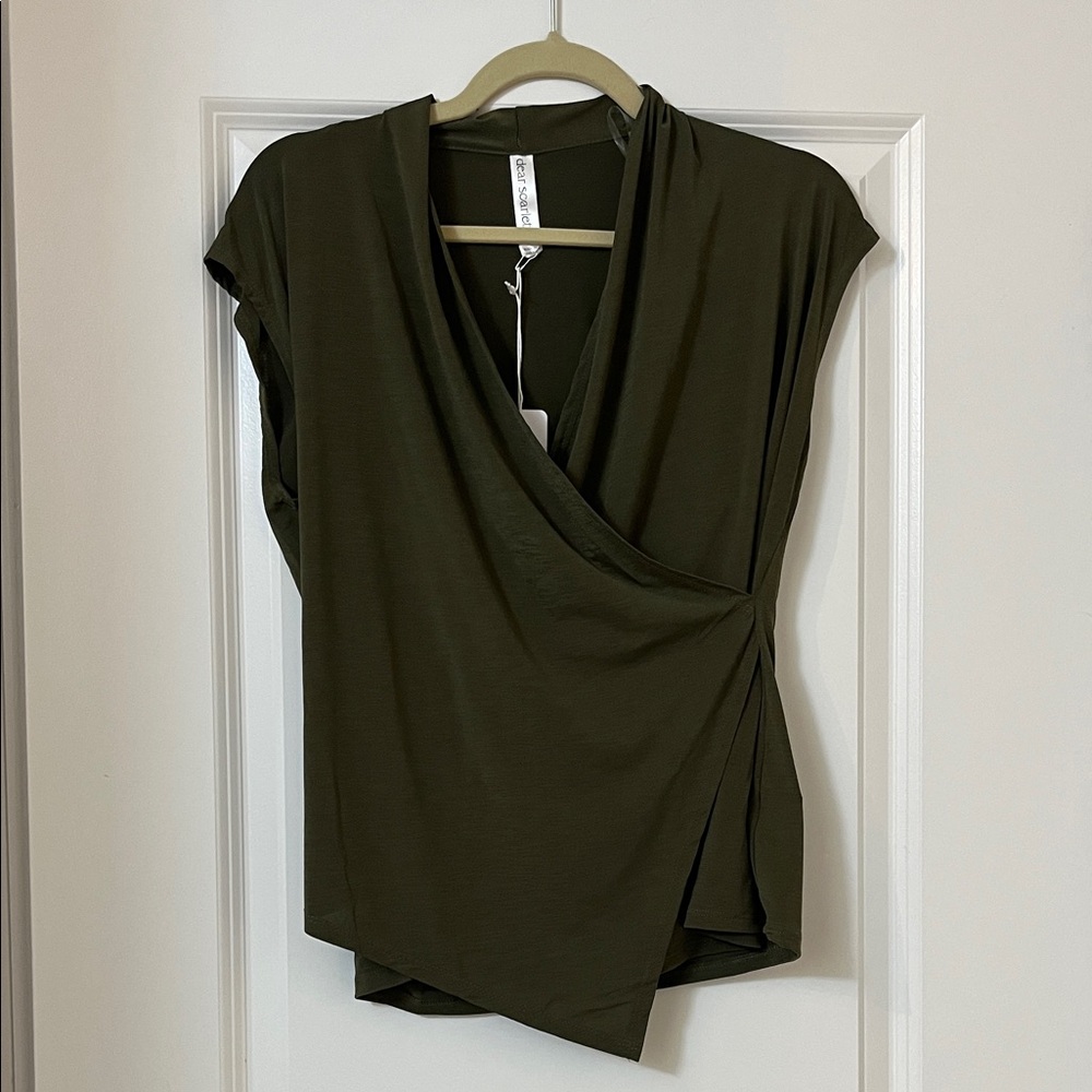Olive Green Draped Surplice Blouse